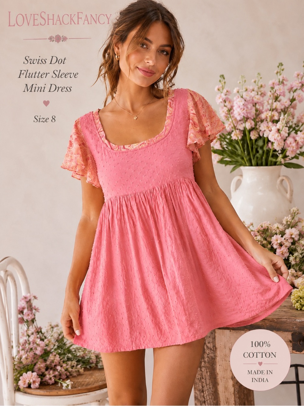 LoveShackFancy Pink Swiss Dot Flutter Sleeve Mini Dress 8 Cottagecore Coquette